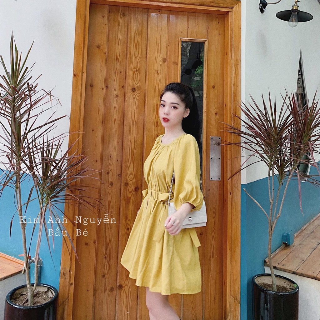Váy Xòe Vàng, Đầm Xòe Vàng Tay Lỡ Chun Eo Siêu Xinh | BigBuy360 - bigbuy360.vn