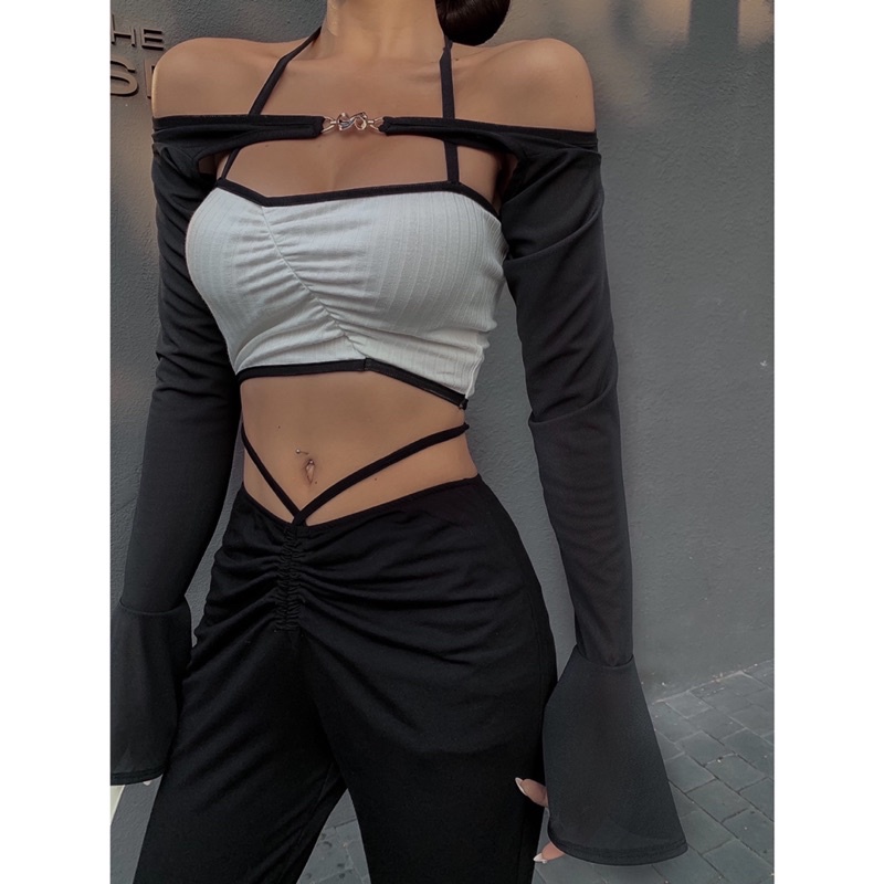 Áo Croptop Phối Lưới Tay Loe