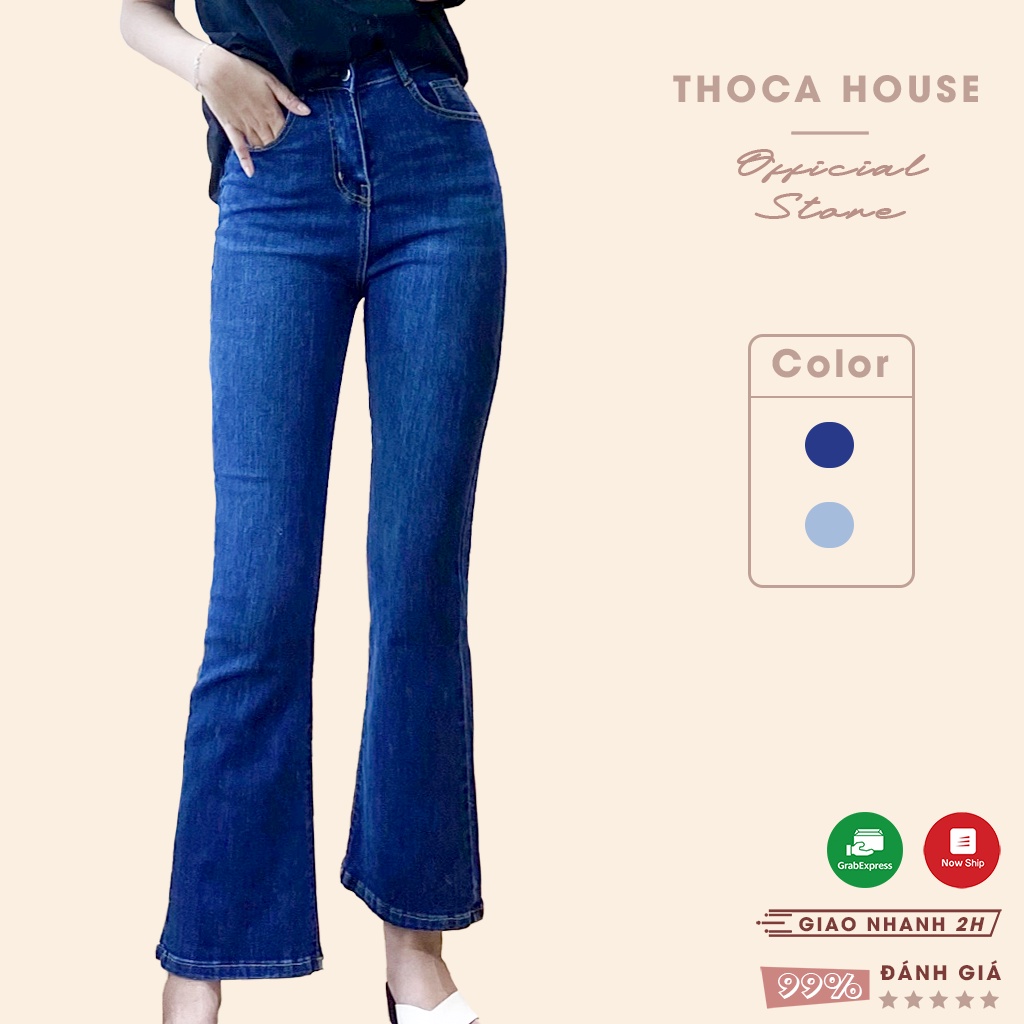 Quần jeans nữ ống loe lai xu hướng hiện đại cao cấp THOCA HOUSE mặc đi học, đi làm, đi chơi,...