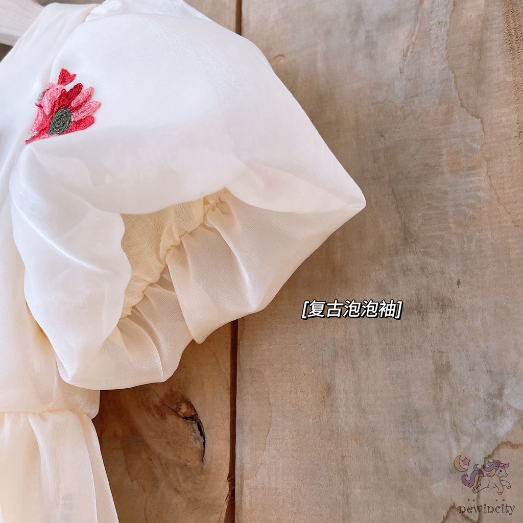 Đầm Công Chúa Tay Phồng Ngắn Phối Lưới Thắt Nơ Phong Cách Hàn Quốc Cho Bé Gái