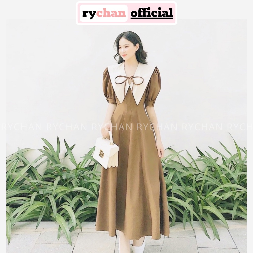 Đầm Váy Nữ Dự Tiệc Cưới Nơ Cổ Phối Trắng Form Dài Tay Bồng Ngắn Phong Cách Quý Cô Sang Chảnh 2 Màu Nude Nâu - DX9711