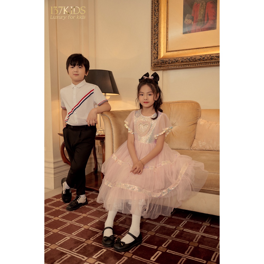 Áo sơ mi trắng cộc tay bé trai 137Kids thiết kế sọc chéo vải cotton thấm hút mồ hôi tốt