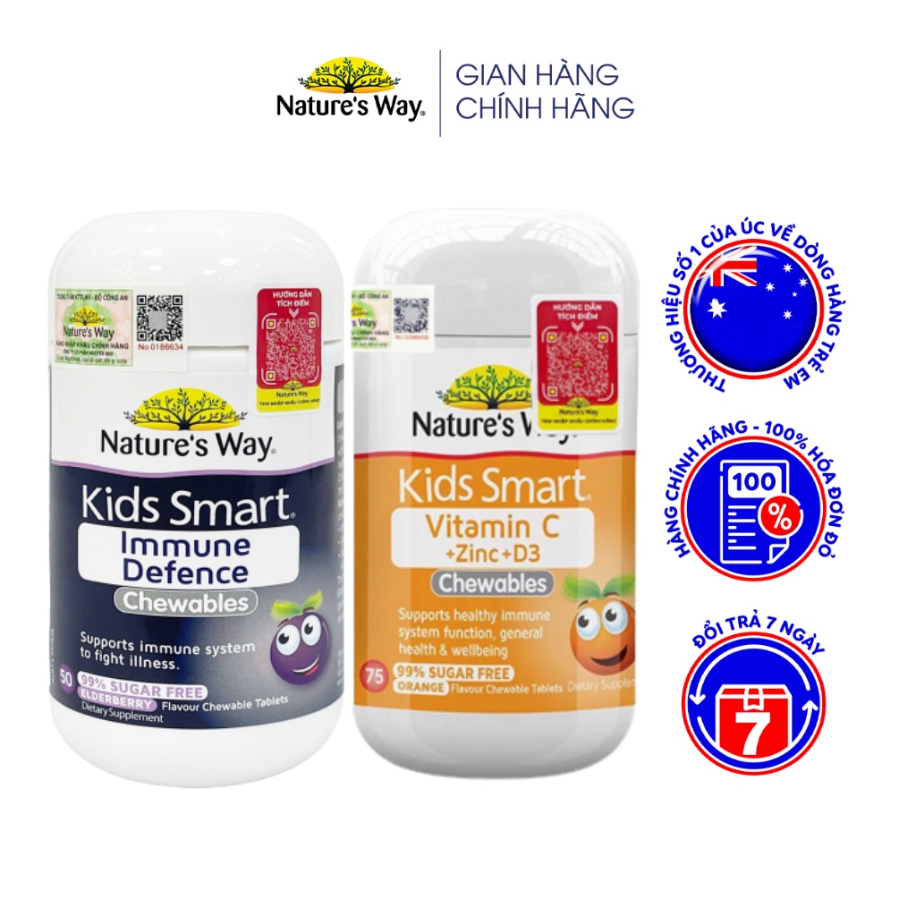 Combo 2 Viên Nhai NATURE'S WAY Kids Smart Vitamin C+ZinC+D3 Và Immune Defence Bổ Sung Vitamin Tăng Cường Miễn Dịch