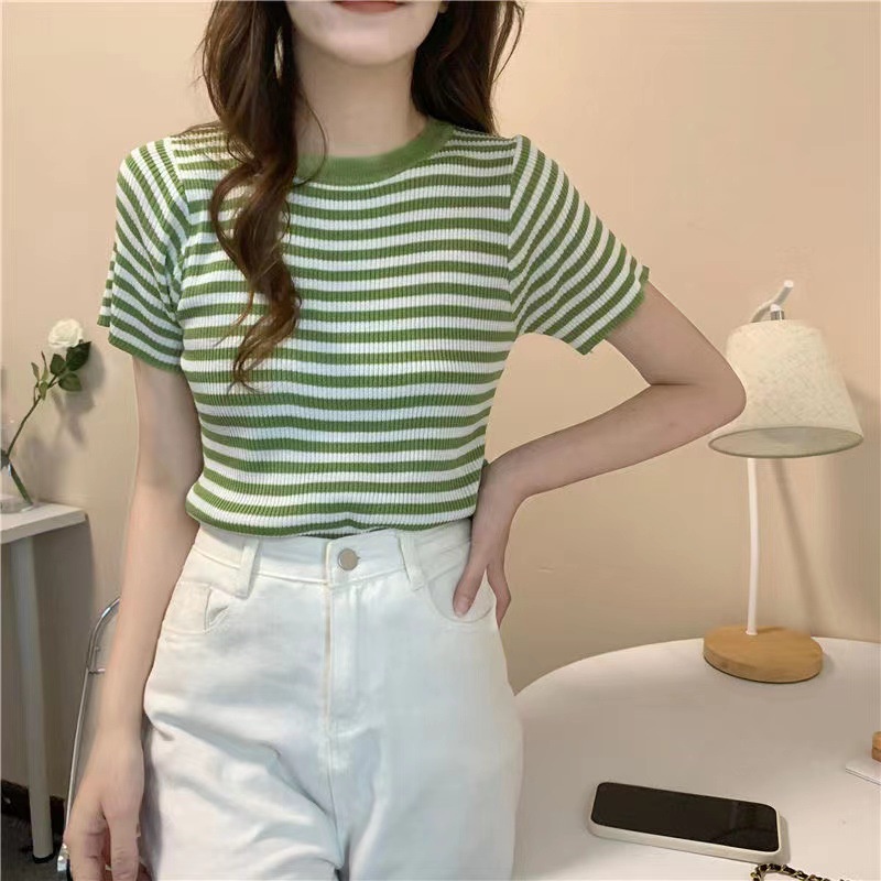 Áo thun ngắn tay kẻ ngang Thucucstore Áo croptop kẻ ngang nhiều màu hàng Quảng Châu loại 1