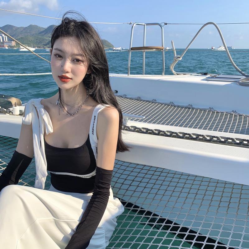 Áo Hai Dây Dáng Ôm Phối Ren In Chữ Thời Trang Mùa Hè Quyến Rũ Cho Nữ