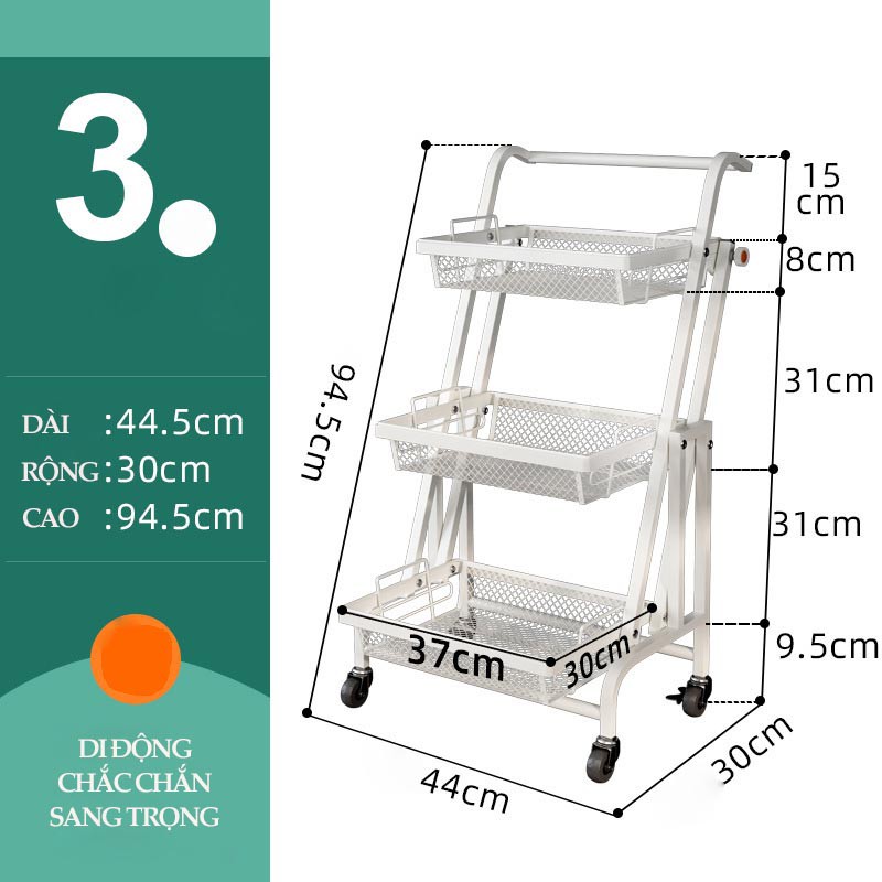 Kệ để đồ nhà bếp gấp gọn, Kệ đa năng 3 tầng điều chỉnh xoay 180 độ có bánh xe di chuyển chất liệu thép không rỉ