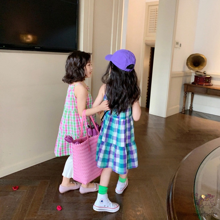 Đầm Sát Nách Đi Biển Mùa Hè In Họa Tiết Kẻ Sọc Phong Cách Hàn Quốc Cho Bé Gái