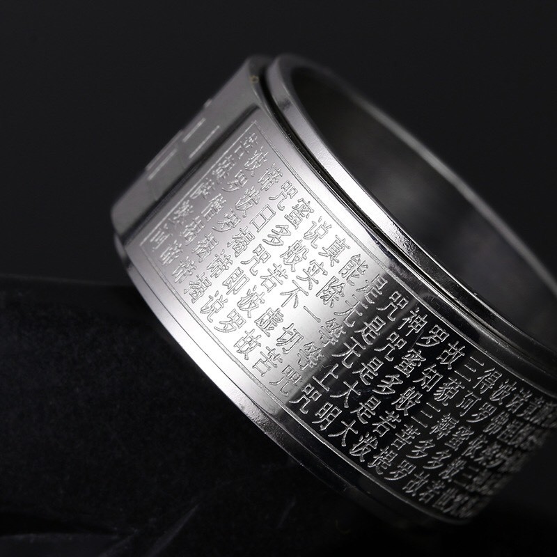 Nhẫn thép titan hình trái tim khắc chữ phong cách Phật giáo