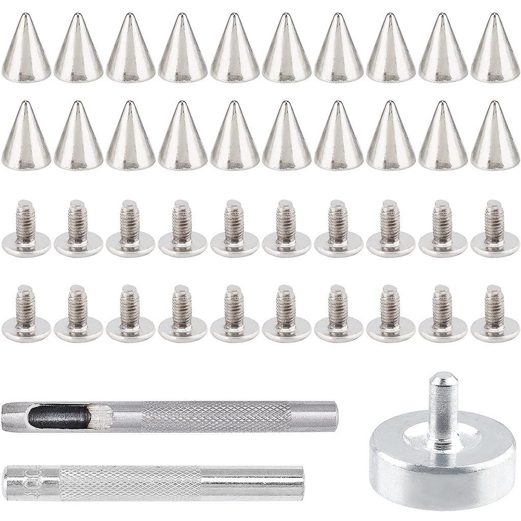 220 Bộ Đinh Tán Gắn Sau Lưng Giày Phong Cách Punk 10mm Đinh Tán Hình Nón Màu Bạc Đạn Ốc Vít Dùng Làm Đồ Da Thủ Công