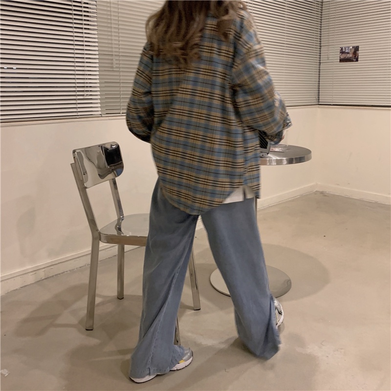 SUXI Áo Sơ Mi Caro Tay Dài Dáng Rộng Trẻ Trung Phong Cách Hàn Quốc Cho Bạn Gái