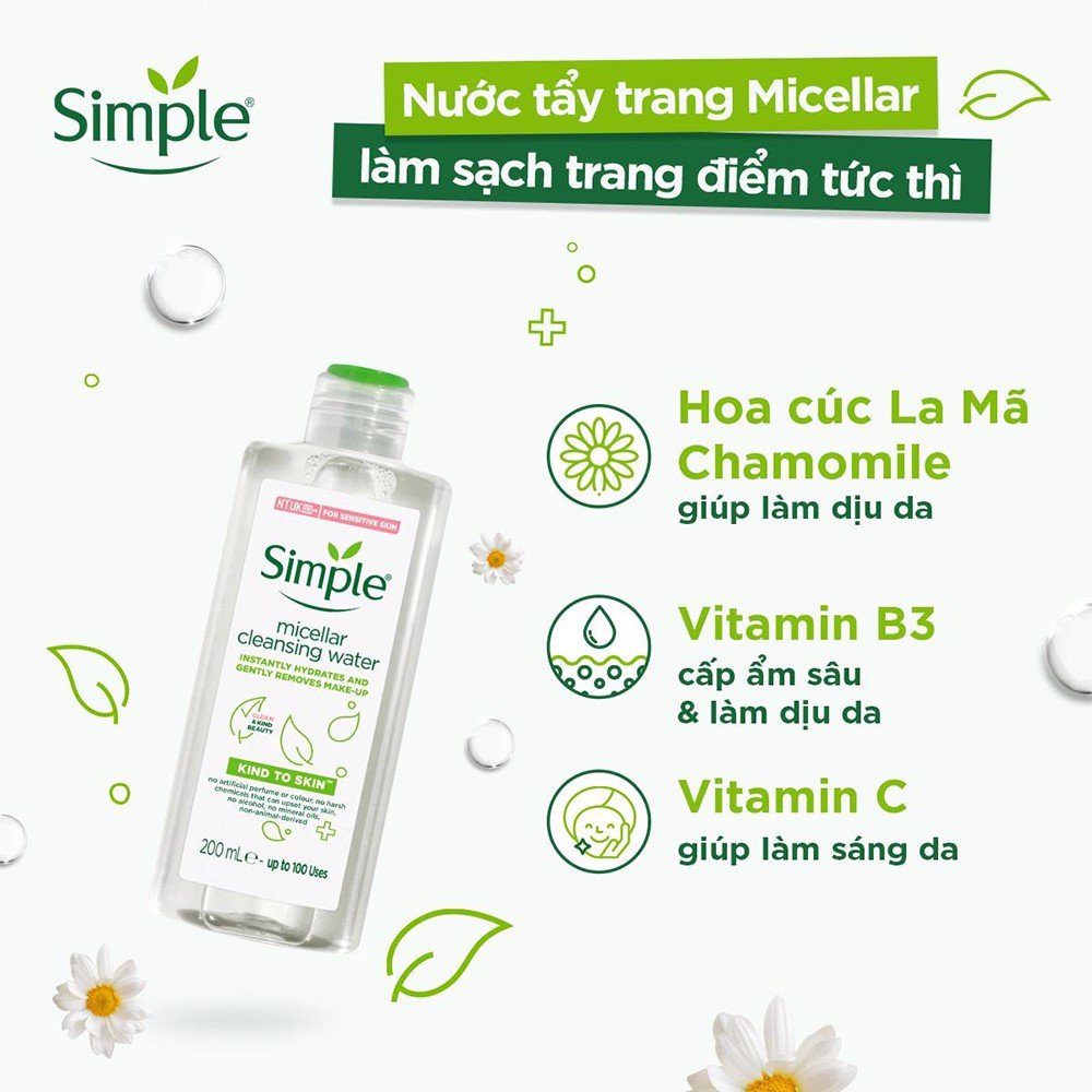 Nước Tẩy Trang Lành Tính, Dưỡng Ẩm Cho Da Simple Kind To Skin Micellar Cleansing Water 200ml