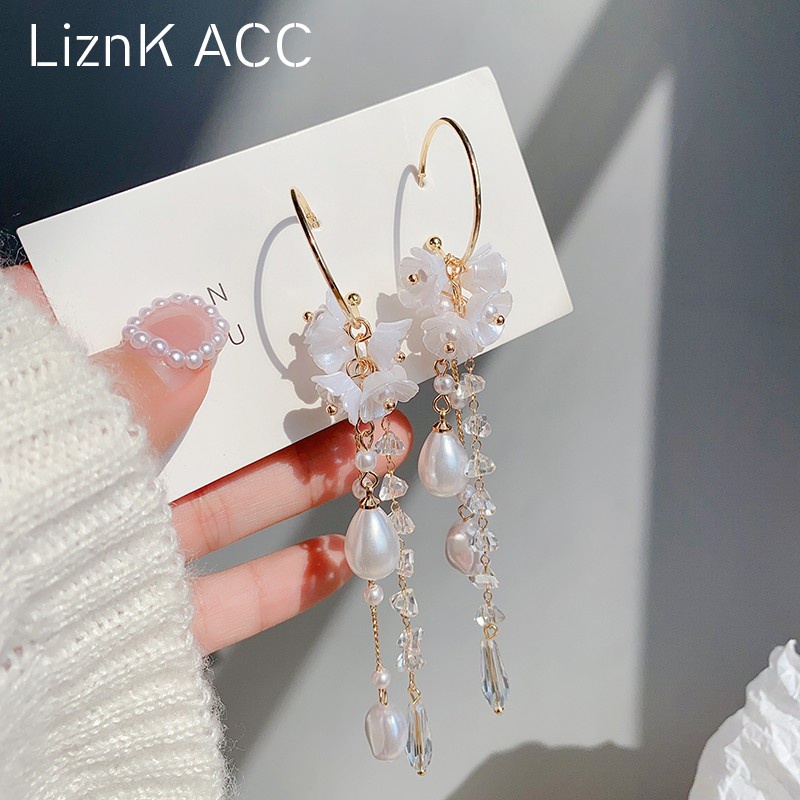 Khuyên Tai Tua Rua Đính Đá Zircon Ngọc Trai Thiết Kế Thời Trang Mới Cho Nữ