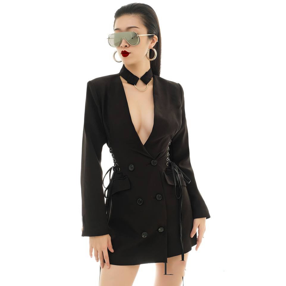 Đầm ôm body kiểu vest tay dài đan dây