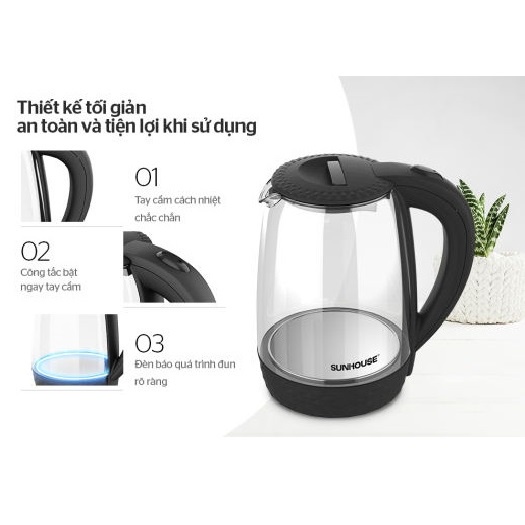 Ấm đun nước siêu tốc thủy tinh SUNHOUSE SHD1215B 1.8 L - THIẾT KẾ SANG TRỌNG, CÔNG SUẤT 1800W, BẢO HÀNH 12 THÁNG