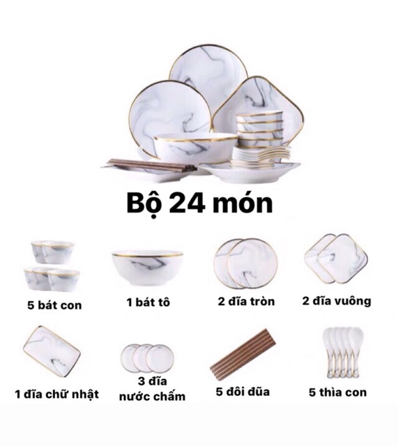 Bộ bát đĩa sứ vân đá tự nhiên 24 món phong cách - VS23