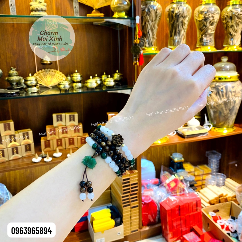 Chuỗi Trầm Hương Sánh chìm 96 hạt 6mm phối Hoa Sen Trầm và Ngoc bích - đá - Vòng Tay Hoa Gỗ tự nhiên Nam Nữ phong thuỷ