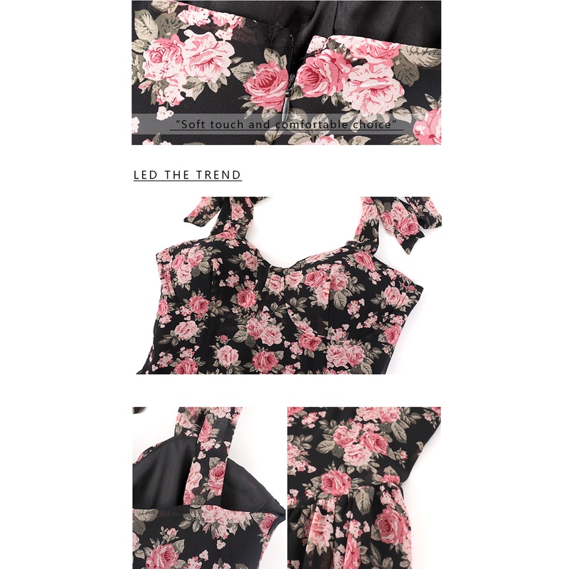 Đầm ZHELIHANGFEI hai dây dáng ngắn chiffon in họa tiết hoa nhỏ phối khóa kéo phong cách quyến rũ cao cấp thời trang
