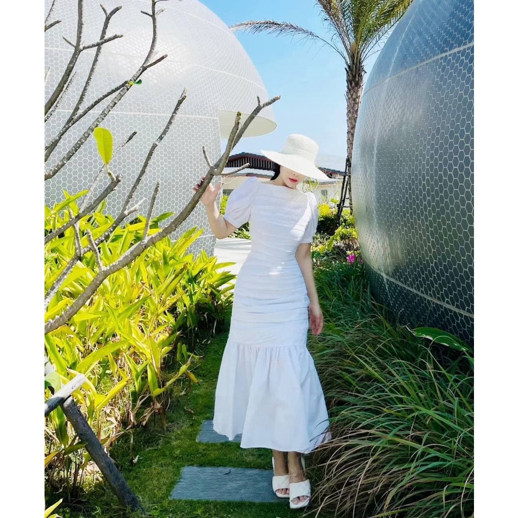 Đầm Xếp Ly Thân Tay Bồng Cổ Ngang MORI, maxi sang chảnh đi tiệc dạo phố TN1370 | BigBuy360 - bigbuy360.vn