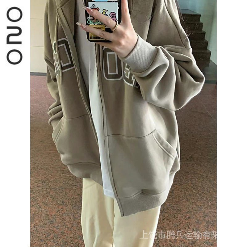 Áo Khoác Kaki Dệt Kim Có Mũ Trùm Dáng Rộng Phối Khóa Kéo Kiểu Hip-Hop Nhật Bản Thời Trang Thu Đông Cho Nữ