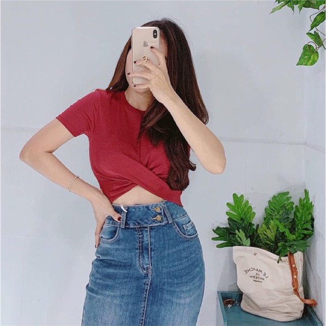 Áo croptop thun gân xoắn ( bụng )eo tay ngắn ( hình thật )