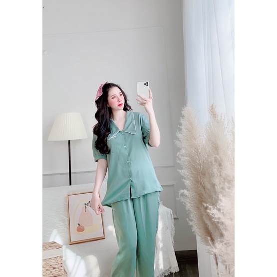 Bộ ngủ pizama chin's pịjama mặc nhà trơn nhiều màu xanh đen trắng hồng(Ảnh thật)