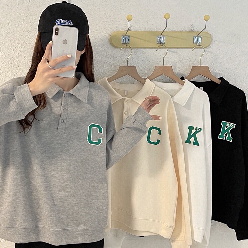 SUXI Áo sweater tay dài dáng rộng cổ bẻ phong cách Hàn Quốc trẻ trung năng động cho nữ