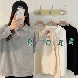 SUXI Áo sweater tay dài dáng rộng cổ bẻ phong cách Hàn Quốc trẻ trung năng động cho nữ