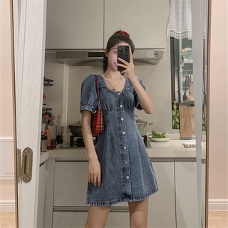 Đầm Denim Tay Phồng Thời Trang Pháp Xinh Xắn