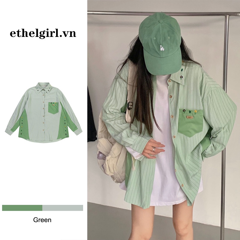 Áo Sơ Mi Nữ Dài Tay Cổ Bẻ Form Rộng Họa Tiết Sọc Vintage Thời Trang