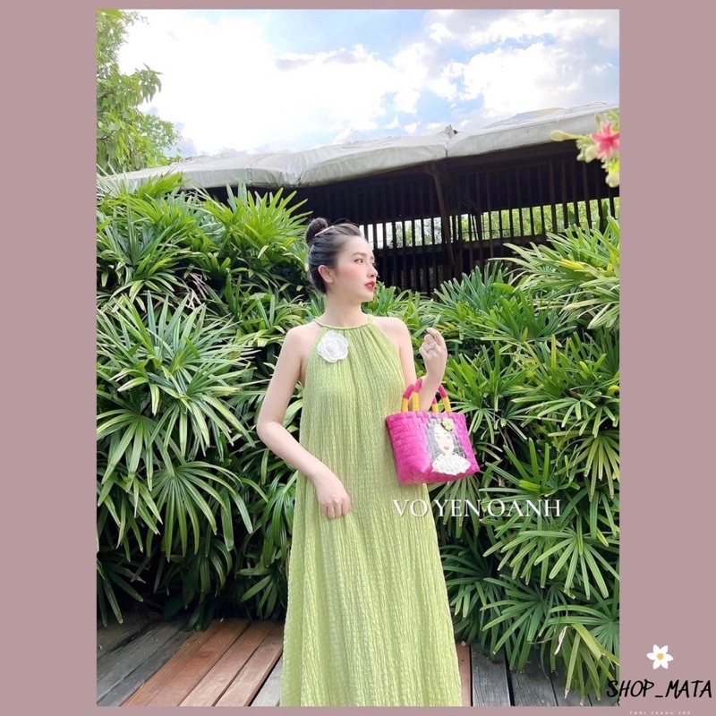 Đầm MAXI Cổ Yếm Dây Bện Dáng Xòe Chất Liệu vải Xốp mềm