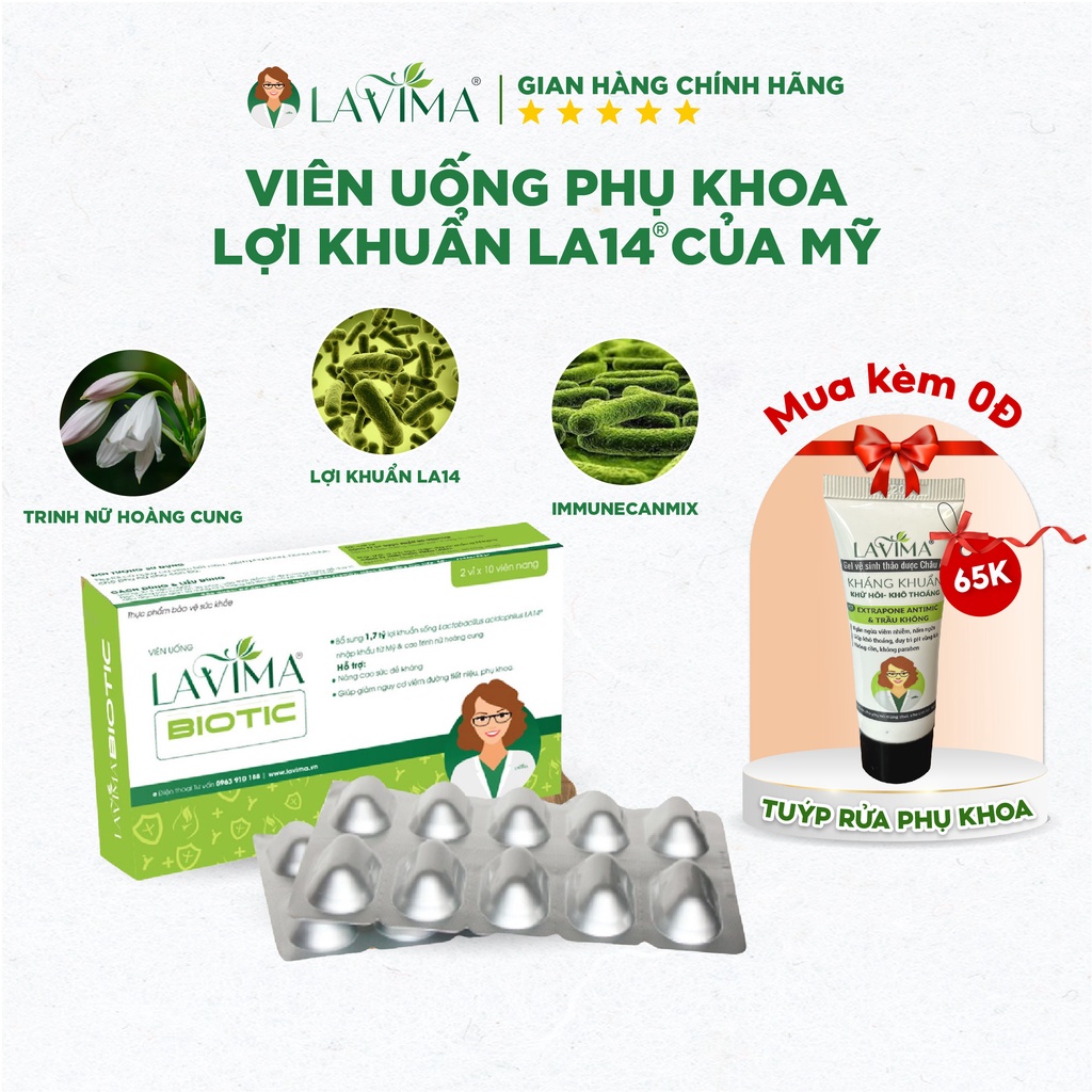 Viên Uống Phụ Khoa, Men Vi Sinh Vùng Kín LAVIMA BIOTIC 20 Viên, Giúp Giảm Khí Hư, Ngứa Rát, Ngăn Ngừa Tái Phát