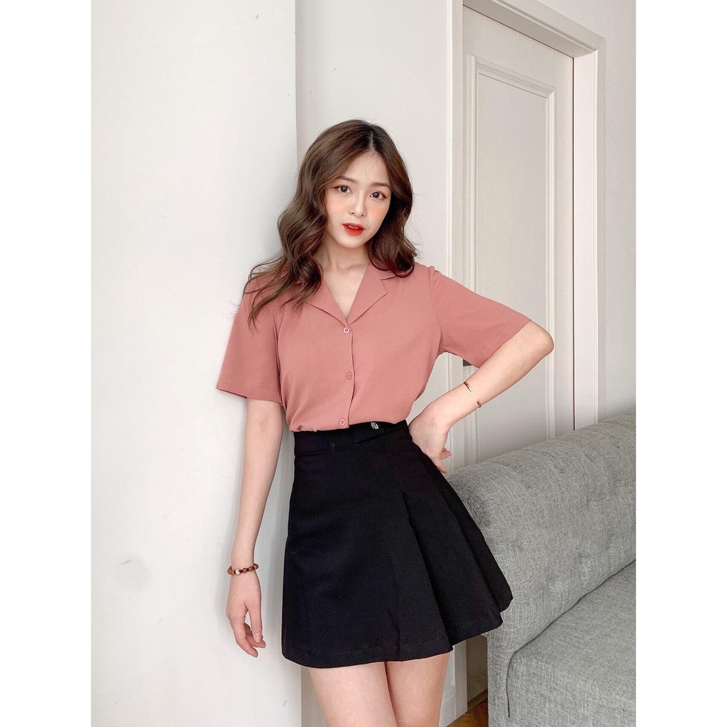 Áo sơ mi nữ cổ vest trơn màu chất đũi
