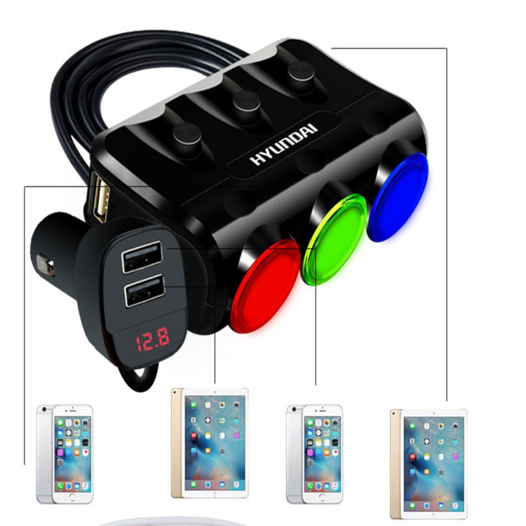 Bộ ChiaTẩu Sạc Chính Hãng Cao Cấp Hyundai Hy-26 (2 cổng USB + 3 tẩu chia, Sạc nhanh Quick 3.0 điện áp 3.1A, Màu đen)