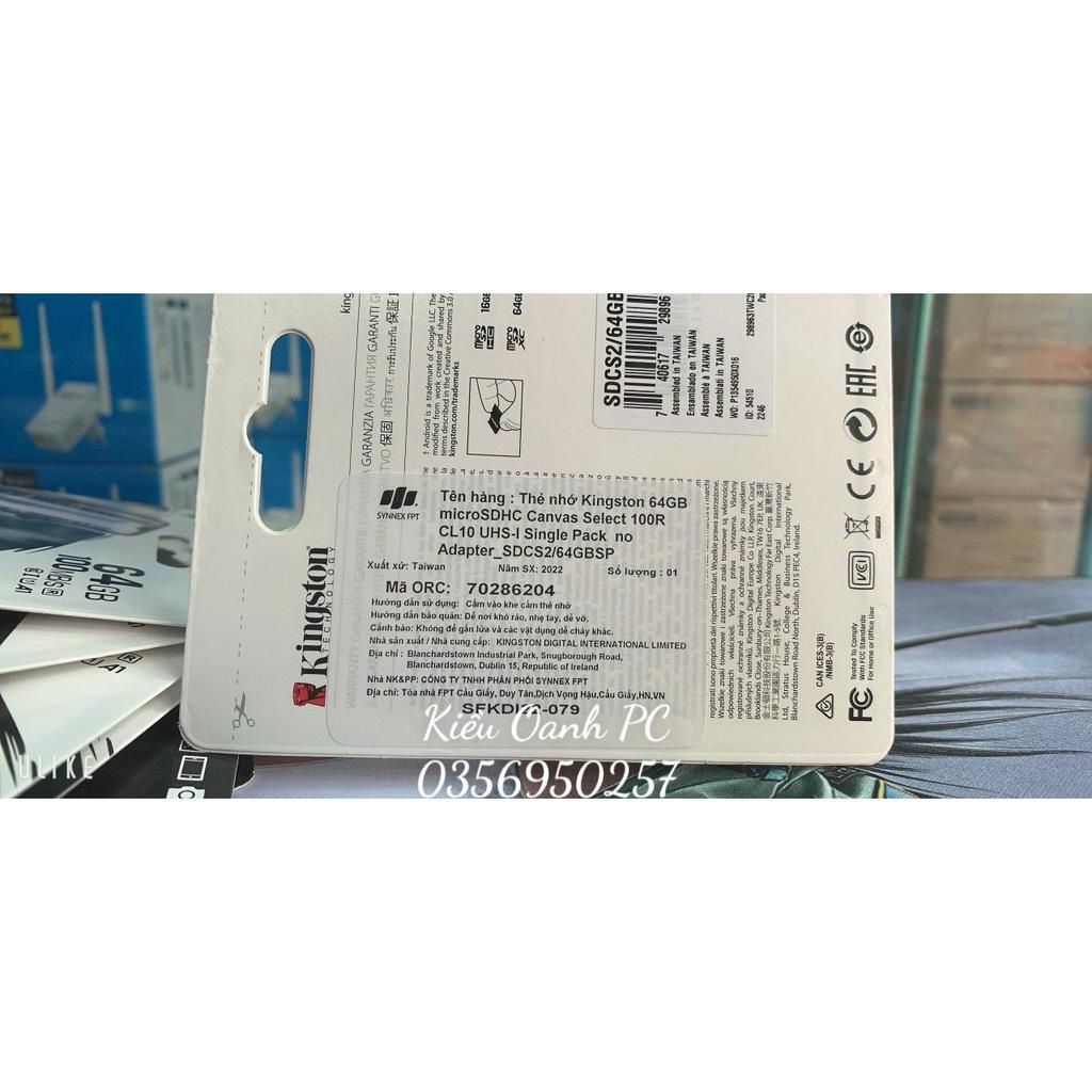 Thẻ Nhớ MicroSD Kingston 64GB Class 10 100Mbs Bảo hành 60 Tháng - 32/64/128GB