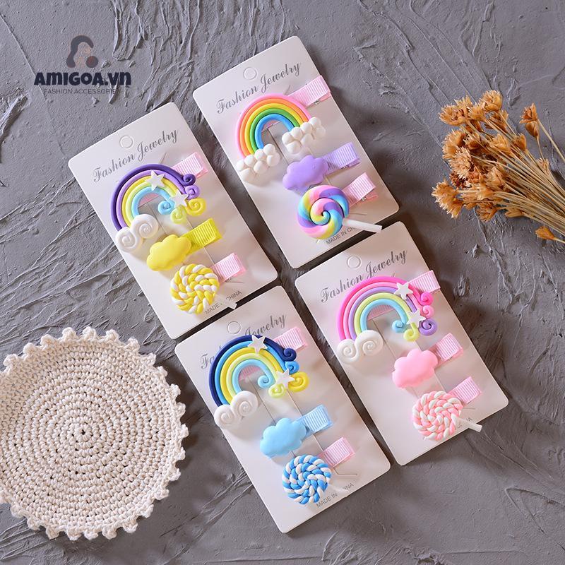 Kẹp Tóc Đất Sét Mềm Họa Tiết Cầu Vồng Dễ Thương Cho Trẻ Em
