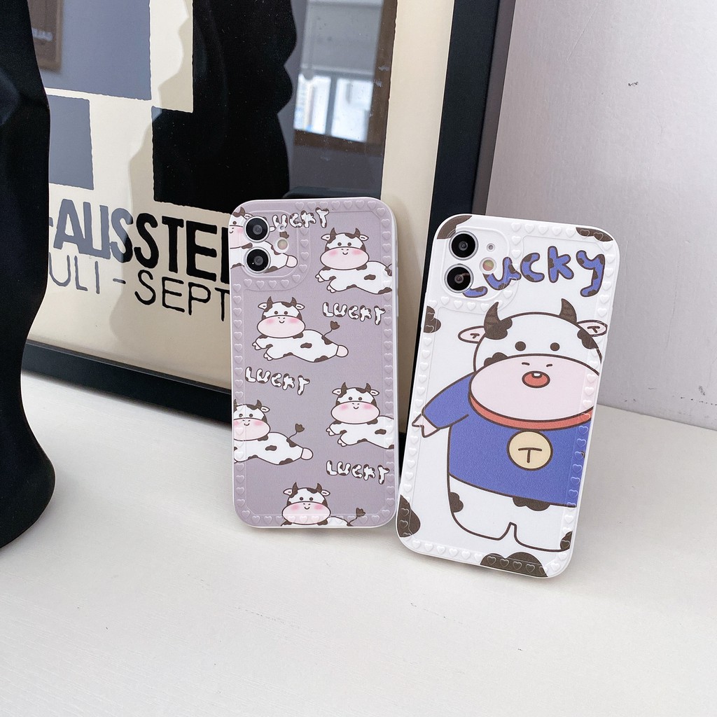 Ốp lưng iphone LUCKY COW viền trái tim nổi cạnh vuông 7/8/7plus/8plus/x/xs/xr/xsmax/11/12/12mini/pro/promax