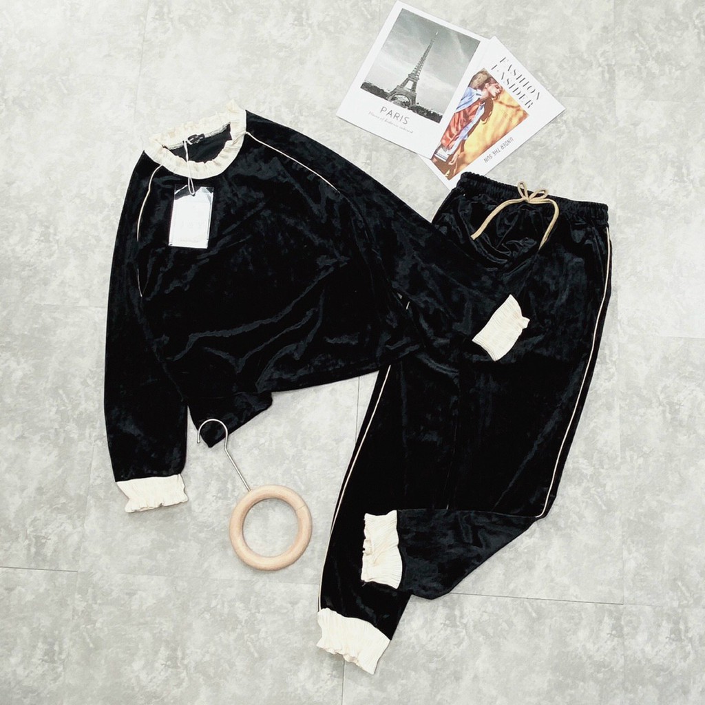 bộ đồ nữ thu đông dài tay chất nỉ nhung bo viền điệu đà | BigBuy360 - bigbuy360.vn