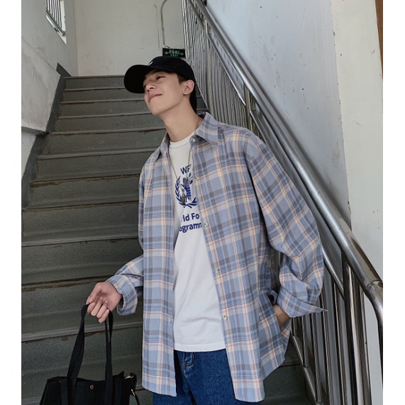 Áo sơ mi tay dài kẻ sọc caro trẻ trung thời trang phong cách Hàn Quốc cho nam