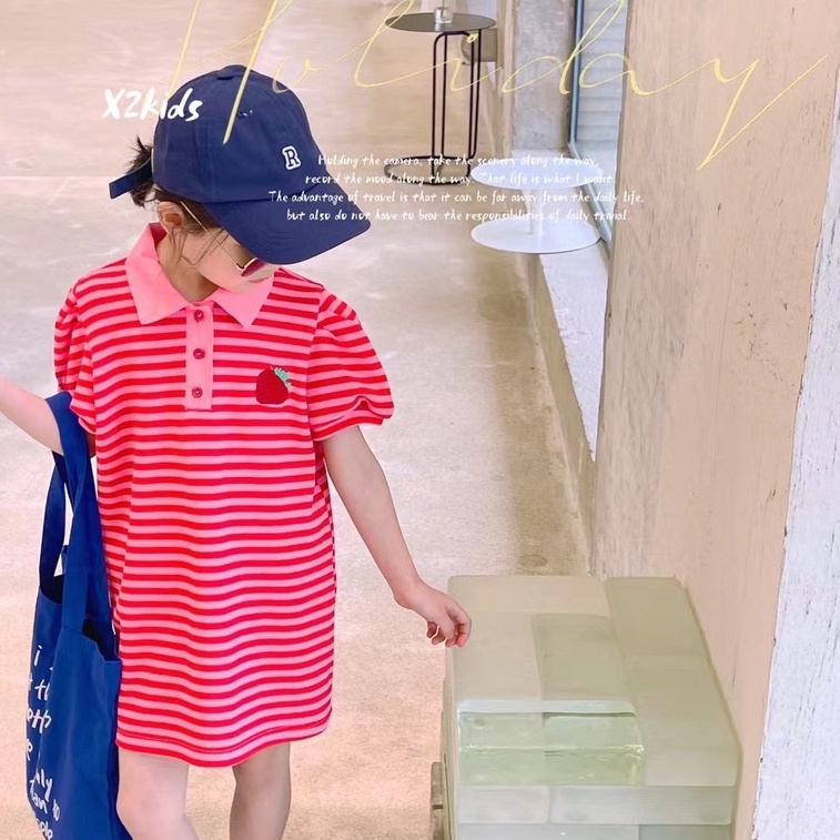 Đầm POLO Kẻ Sọc Họa Tiết Quả Dâu Thời Trang Mùa Hè Phong Cách Hàn Quốc Mới Cho Bé Gái
