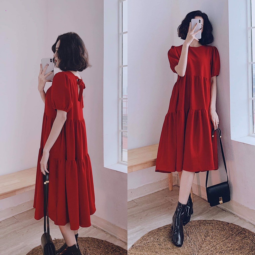 Váy bầu bigsize - Đầm bầu thiết kế GuMe 2 màu đỏ,đen dáng 3 Tầng Nơ Buộc Lưng chất vải sạn lụa size từ 40-100kg MB123