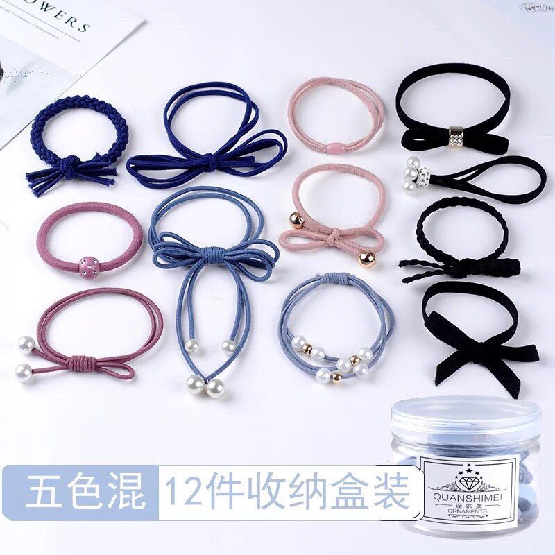 Hộp 12 dây nơ chun buộc tóc các mẫu