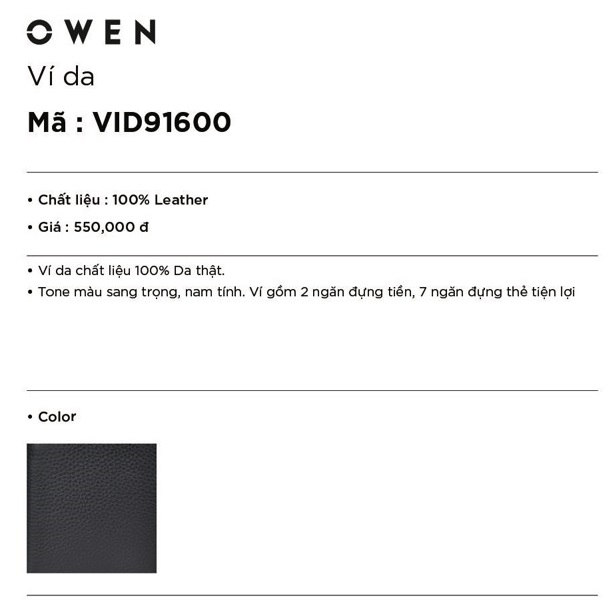 OWEN - Ví da nam Owen VID91600 - Ví dọc - Chất liệu da thật - Màu đen