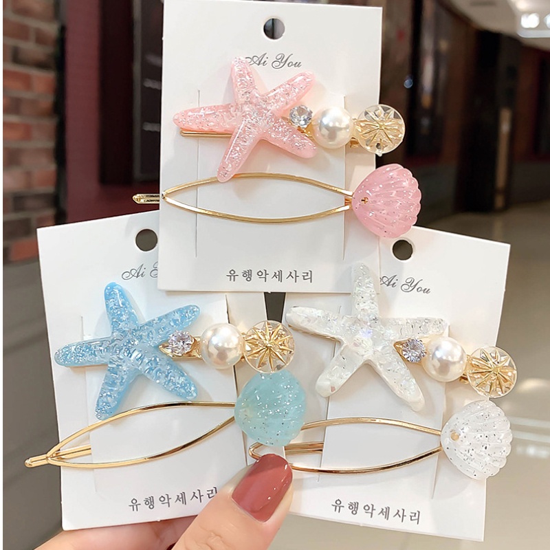 Set Kẹp Tóc Hình Vỏ Sò/Sao Biển Đính Ngọc Trai Phong Cách Hàn Quốc