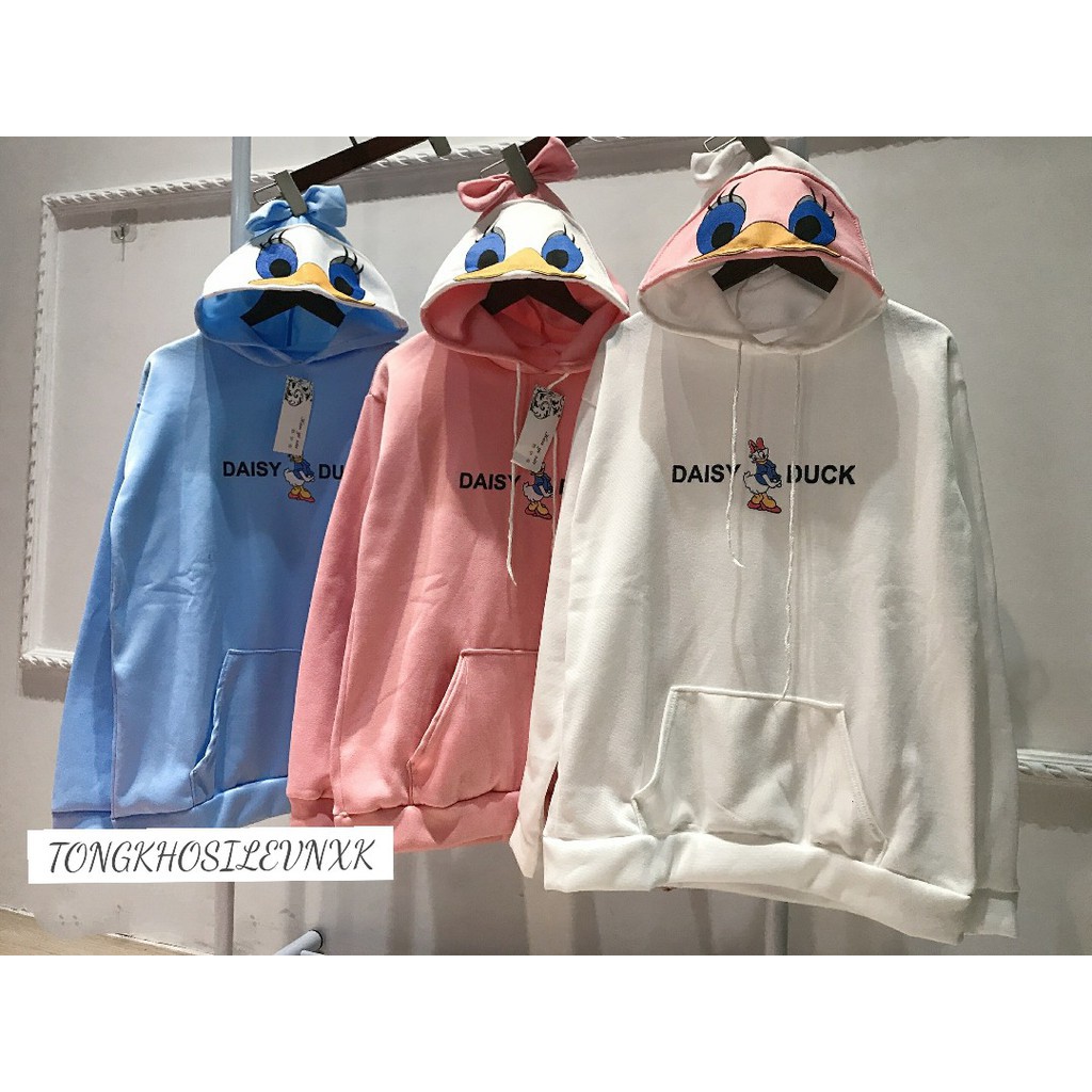 (Lẻ=sỉ) ÁO HOODIE VỊT THÊU DAISY DUCK MŨ SAU XANH HỒNG TRẮNG UNISEX - Hàng sẵn tại shop