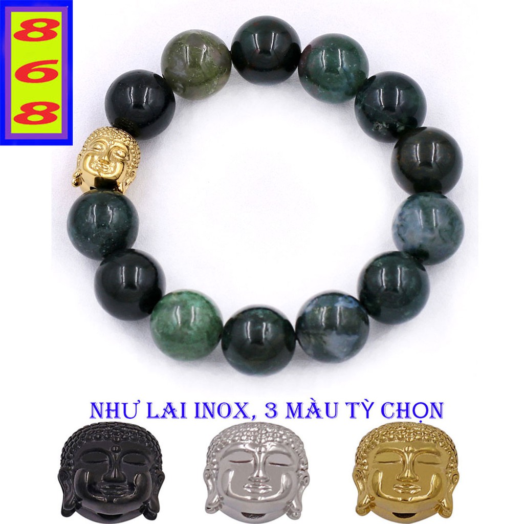 Vòng đeo tay Đá Tự Nhiên Xanh Đậm 14 ly charm Phật A Di Đà inox VCTXDNLE14