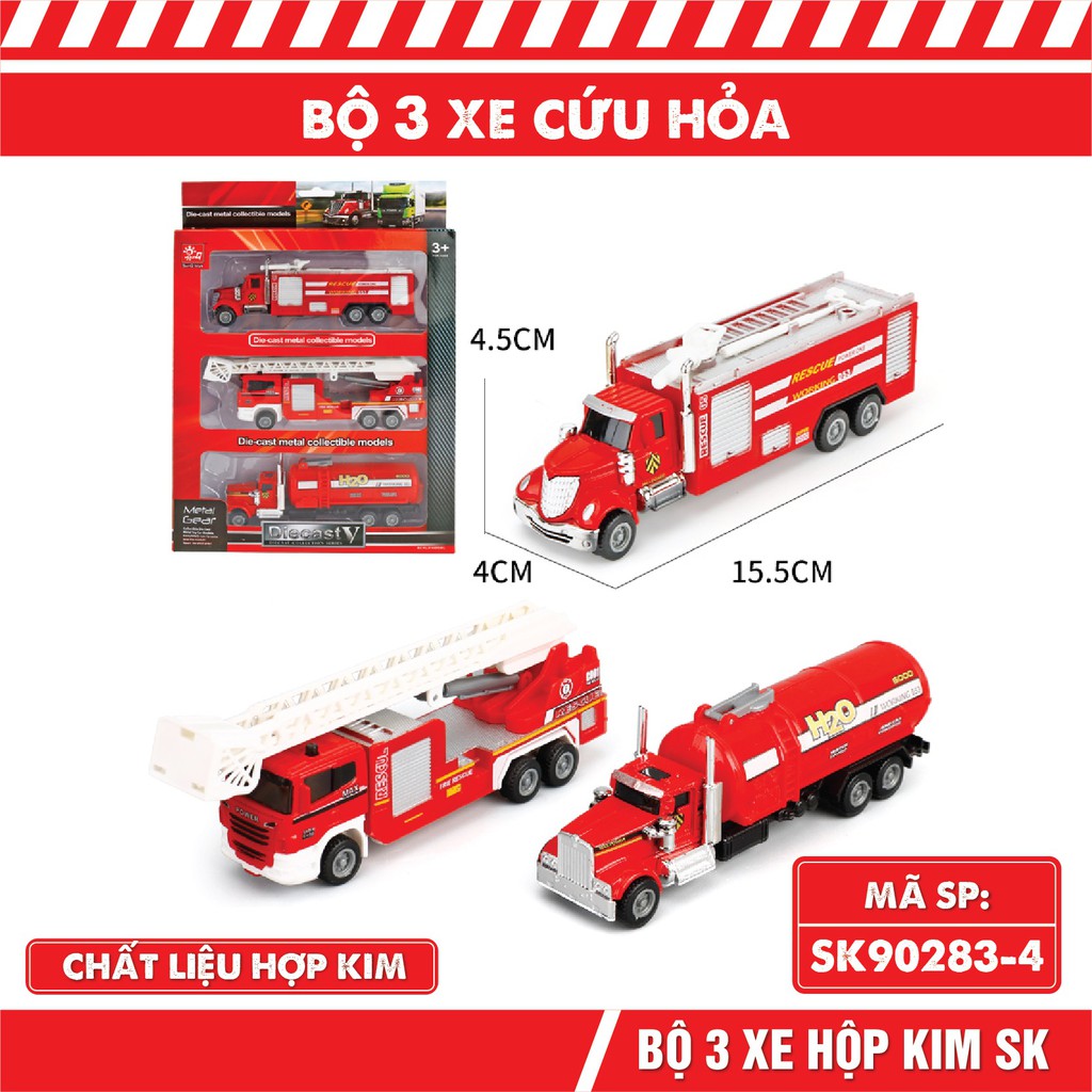 Mô hình xe tải bộ 3 xe chủ đề cứu hỏa, cảnh sát, xây dựng, nông trường