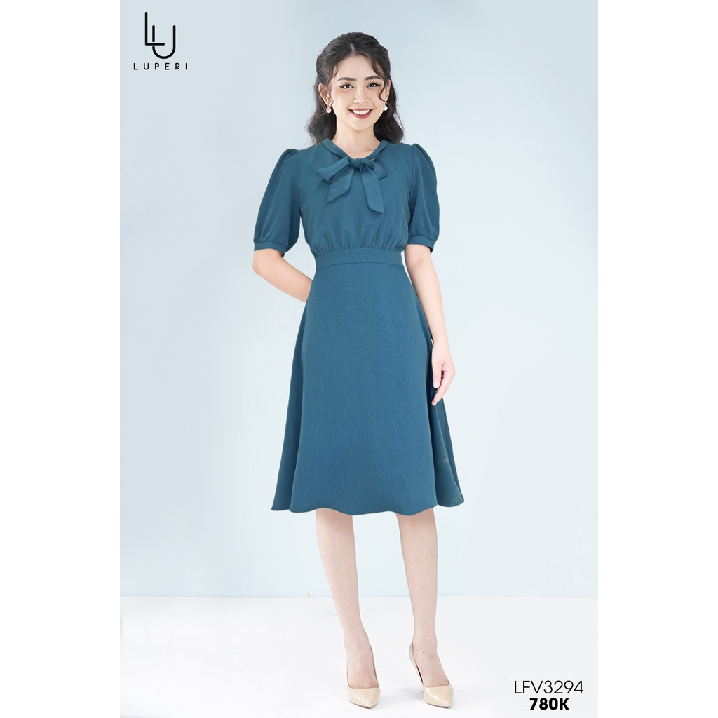 Váy Đầm Thiết kế Luperi LFV3294 Cổ Phối Nơ Dáng Xòe