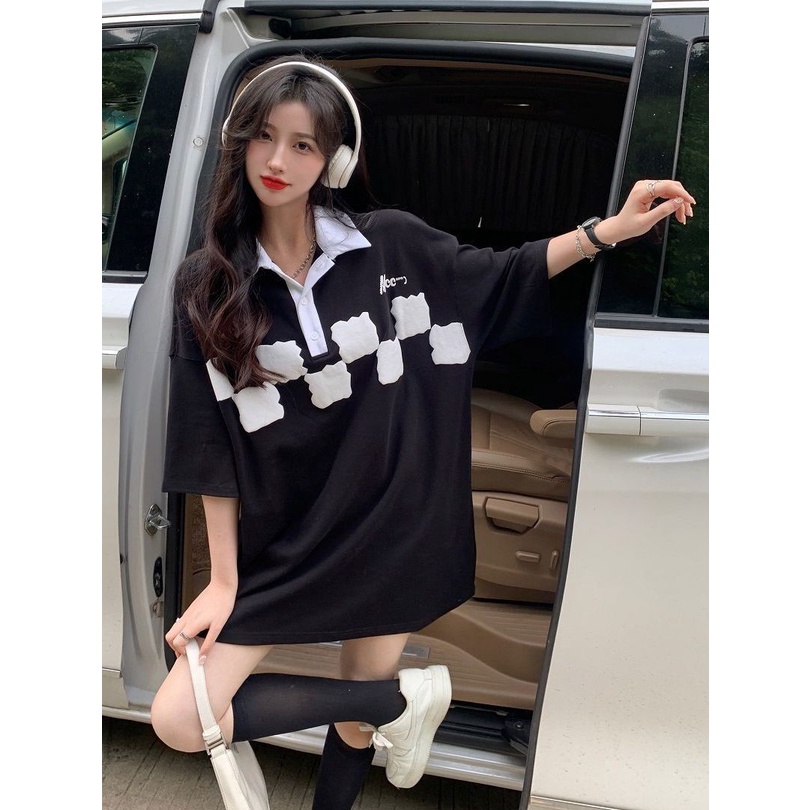 Jiashucheng Áo Thun Nữ Tay Ngắn Dáng Dài Rộng Họa Tiết Caro Màu Sắc Tương Phản Thời Trang Mùa Hè