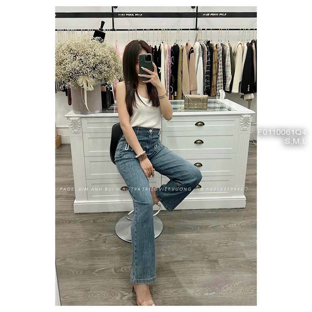 Quần jean dài đắp hai túi chữ trước lưng cao tôn dáng hàng đẹp!