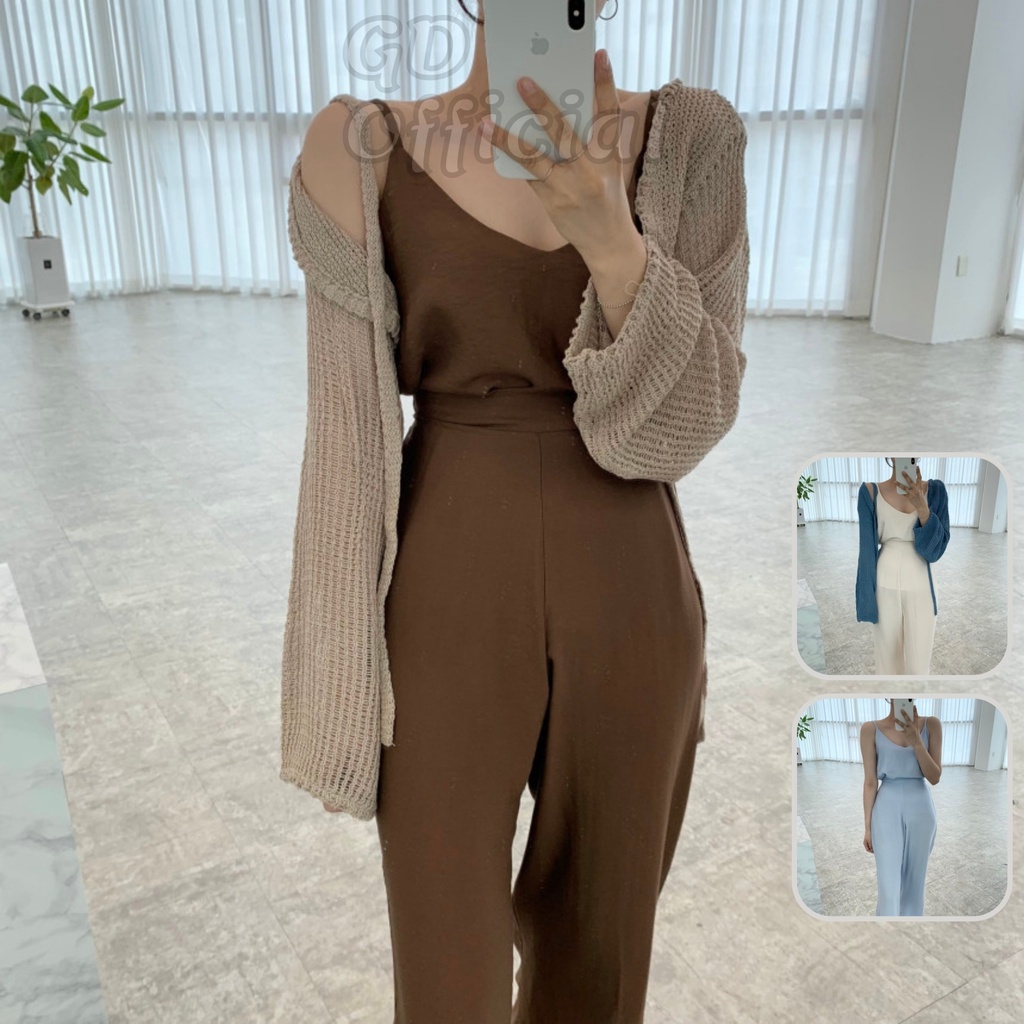 B9|Set bộ lụa áo hai dây cổ V nữ, len croptop dài tay, quần vest cạp lưng cao ống thẳng xẻ tà nâu, xanh, trắng GD Off